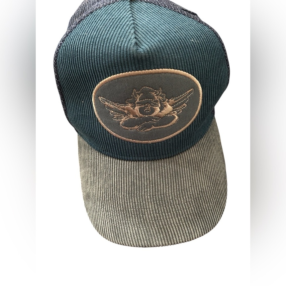 Boys Lie Teal and Olive Corduroy Trucker Hat with Embroidered Patch